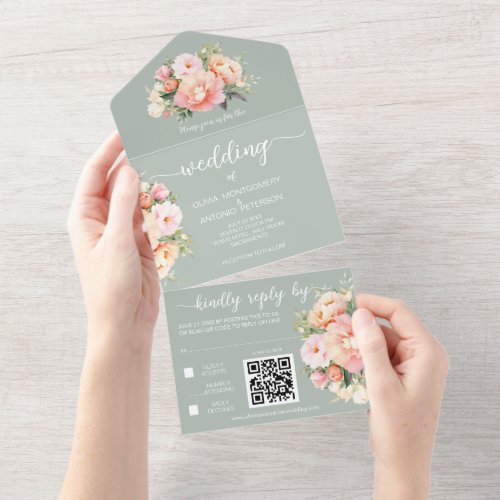 Modern Elegant Peonies Sage Green QR Code Wedding All In One Invitation