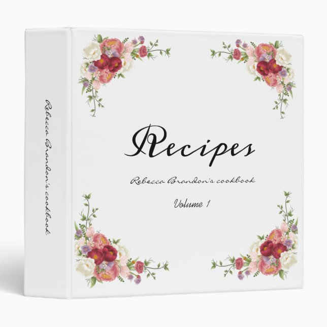 Modern Elegant Peony Floral Flower Recipe Custom 3 Ring Binder (Front/Spine)