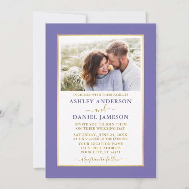 Modern Elegant Periwinkle Gold Wedding  Invitation (Front)