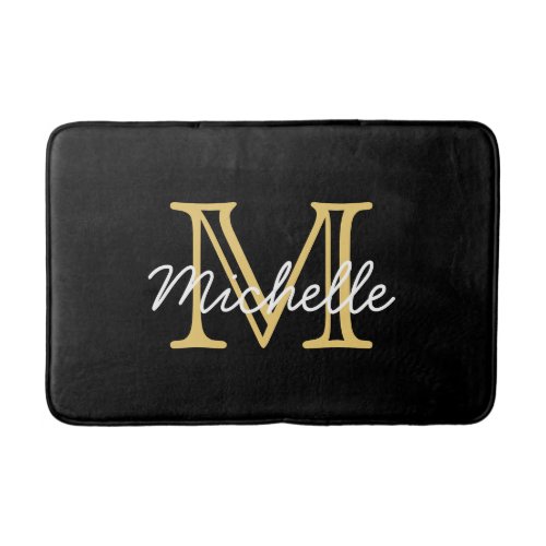 Modern Elegant Personalized Black Gold Name Bath Mat
