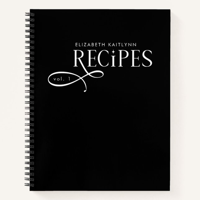 Modern Elegant Personalized Black White Recipes Notebook (Front)