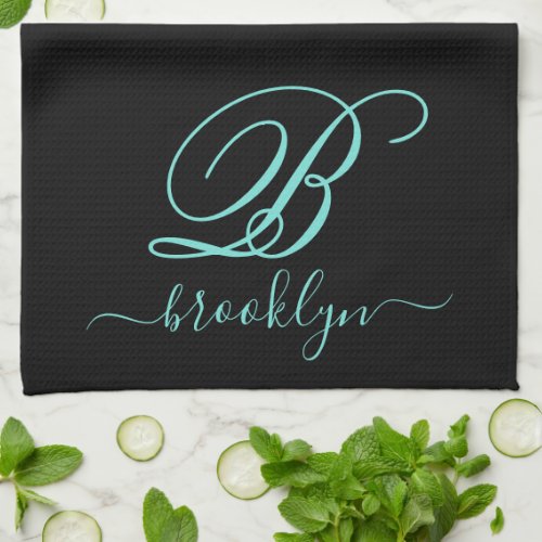 Modern Elegant Personalized Blue Name Monogrammed Kitchen Towel