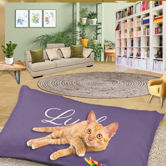 Modern Elegant Personalized Cat Name Violet Purple Pet Bed (An elegant, minimalist purple cat bed, to personalize with your pet's name in script typography)