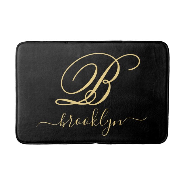 Modern Elegant Personalized Gold Name Monogrammed Bath Mat (Front)
