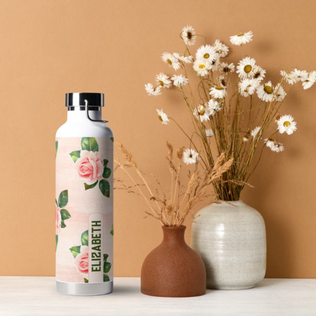Modern Elegant Personalized Name Pink Rose  Water Bottle (modern personalize name water bottle)
