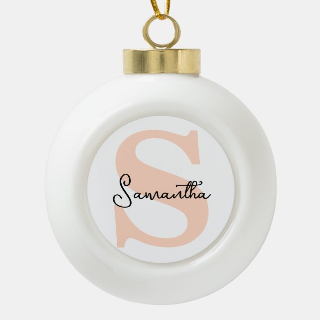 Modern Elegant Personalized Pink Monogram Initial Ceramic Ball Christmas Ornament (Front)