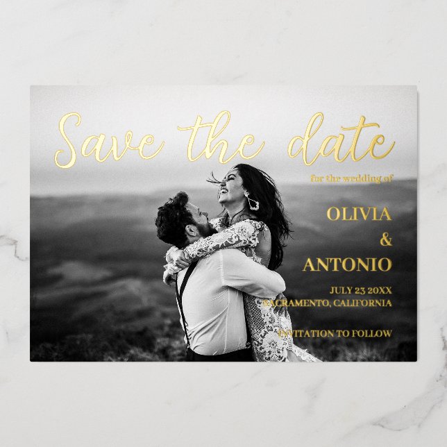 Modern Elegant Photo Black /White Save The Date  Foil Invitation (Front)