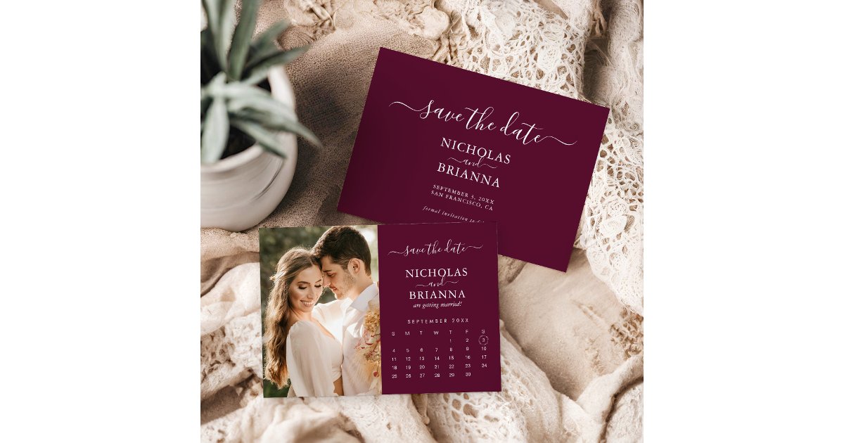 Modern Elegant Photo Calendar Burgundy Wedding Save The Date | Zazzle