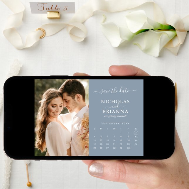 Modern Elegant Photo Calendar Dusty Blue Wedding Save The Date (Front Digital)