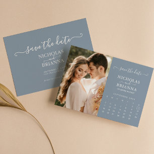 Modern Elegant Photo Calendar Dusty Blue Wedding Save The Date
