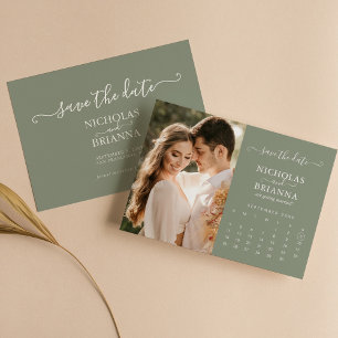 Modern Elegant Photo Calendar Sage Green Wedding Save The Date