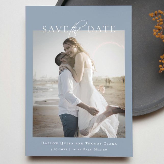 Modern Elegant Photo Dusty Blue Save The Date (Modern Elegant Photo Dusty Blue Save The Date)