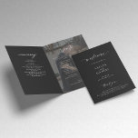 Modern elegant photo folded wedding program<br><div class="desc">Modern simple minimalist typography trendy black folded photo ceremony and party wedding program template featuring a chic trendy calligraphy script and dark overlay.              Easy to personalize with one or two custom photos and text on the front,  inside left and right,  and on the backside!</div>