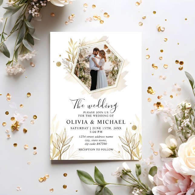 Modern Elegant Photo Gold Wedding Invitation (Creator Uploaded)