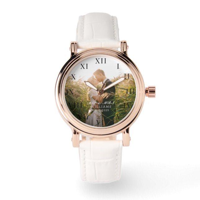 Modern Elegant Photo Newly Wed Wedding Watch (Front)