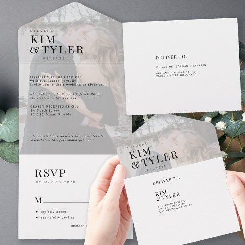 Modern elegant photo overlay wedding RSVP All In One Invitation