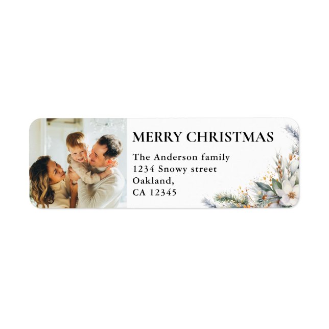 Modern Elegant Photo & Pine Greenery Christmas Label (Front)