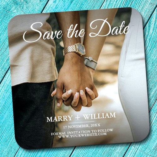 Modern Elegant Photo Save The Date wedding decor Square Paper Coaster