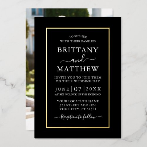 Modern Elegant Photo Wedding Black Gold  Foil Invitation