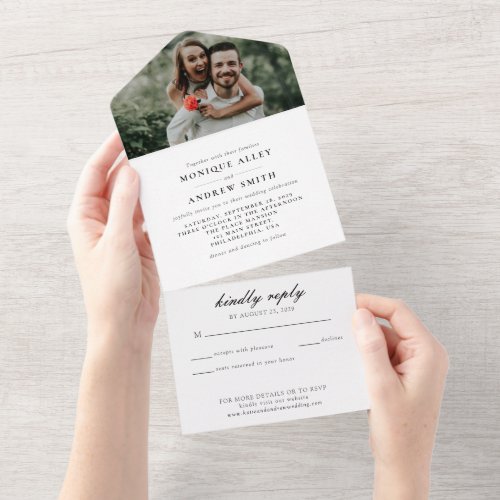 Modern Elegant Photo Wedding Black Script All In One Invitation