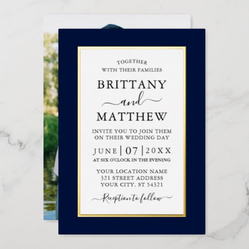 Modern Elegant Photo Wedding Blue Gold Foil Invitation