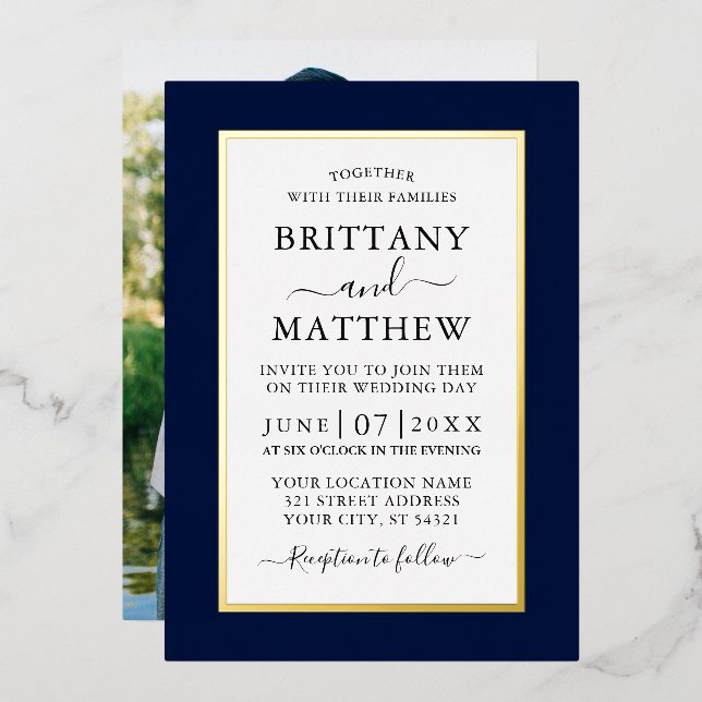 Modern Elegant Photo Wedding Blue Gold Foil Invitation (Front/Back)