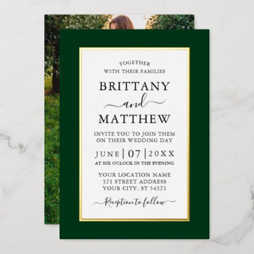 Modern Elegant Photo Wedding Green Gold Foil Invitation
