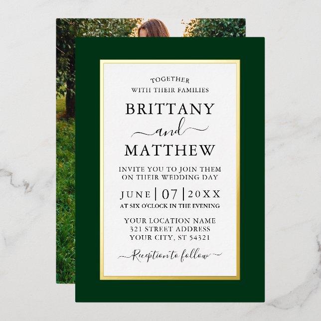 Modern Elegant Photo Wedding Green Gold Foil Invitation (Front/Back)
