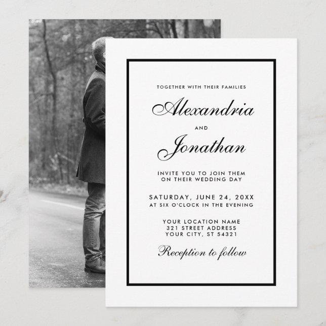 Modern Elegant Photo Wedding Invite Black & White (Front/Back)