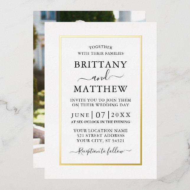 Modern Elegant Photo Wedding White Gold Foil Invitation (Front/Back)