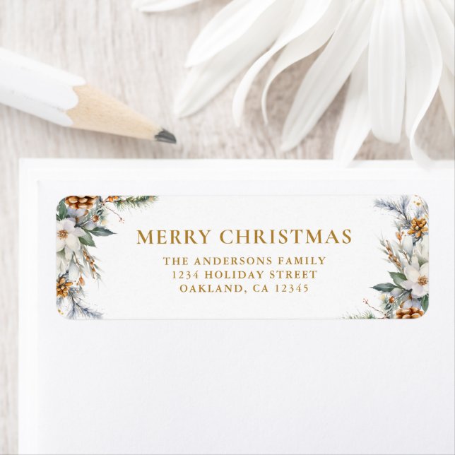 Modern Elegant  Pine Tree Gold Merry Christmas Label (Insitu)