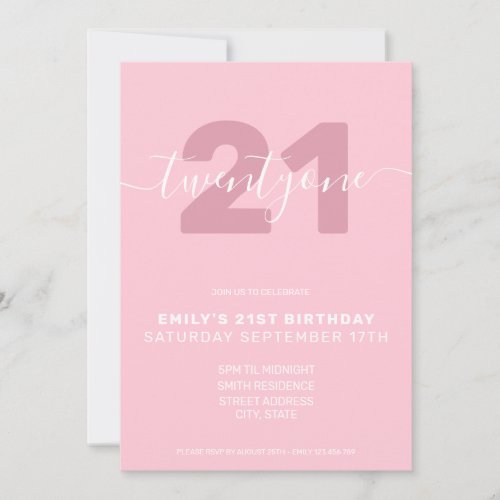 Modern Elegant Pink 21st Birthday Invitation