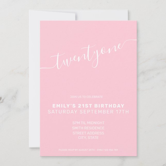 Modern Elegant Pink 21st Birthday Invitation (Front)