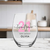 Modern Elegant Pink 21st Birthday Stemless Wine Glass