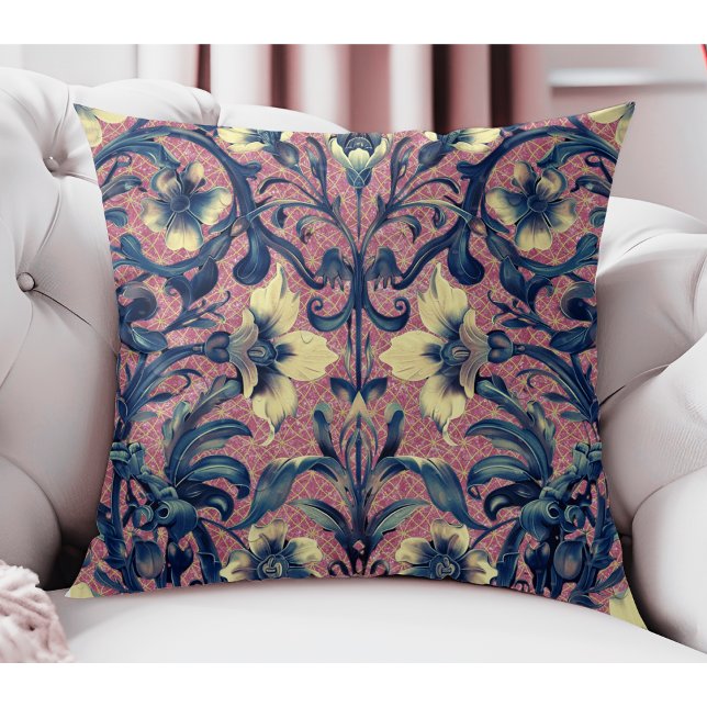 Modern Elegant Pink And Blue Floral Baroque Throw Pillow (Creator Uploaded)