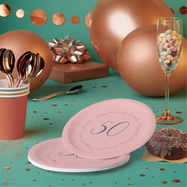 Modern Elegant Pink and Navy 50th Birthday  Paper Plates (Multi)