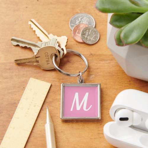 Modern Elegant Pink and White Monogram Keychain