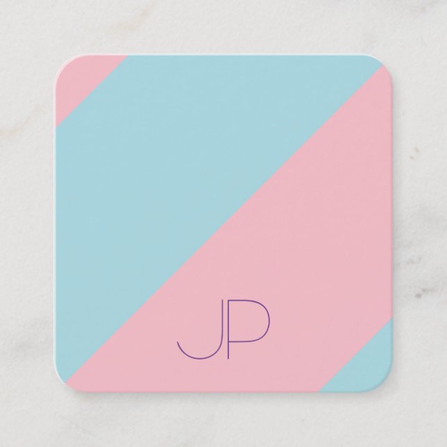 Modern Elegant Pink Blue Luxurious Monogrammed Square Business Card (Front)