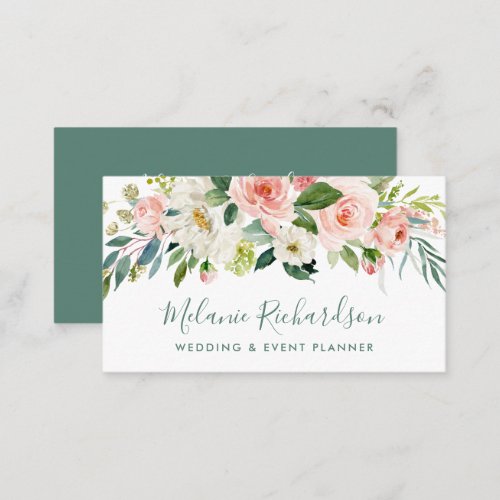 Modern Elegant Pink Blush Floral Greenery Business Card