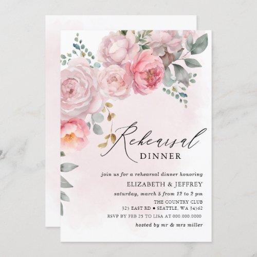 Modern Elegant Pink Blush Floral Rehearsal Dinner  Invitation