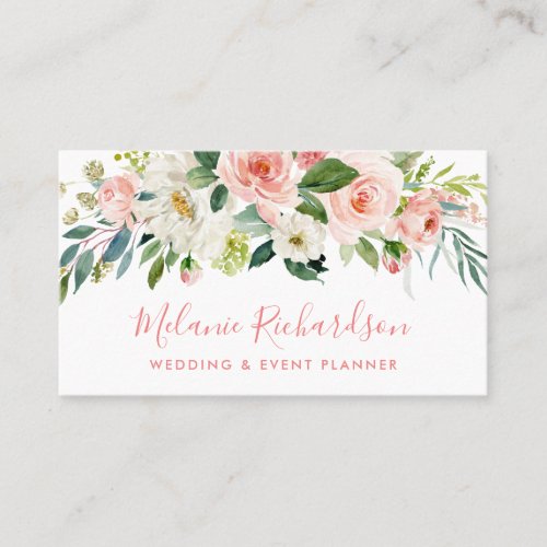 Modern Elegant Pink Blush Greenery Floral Business Card
