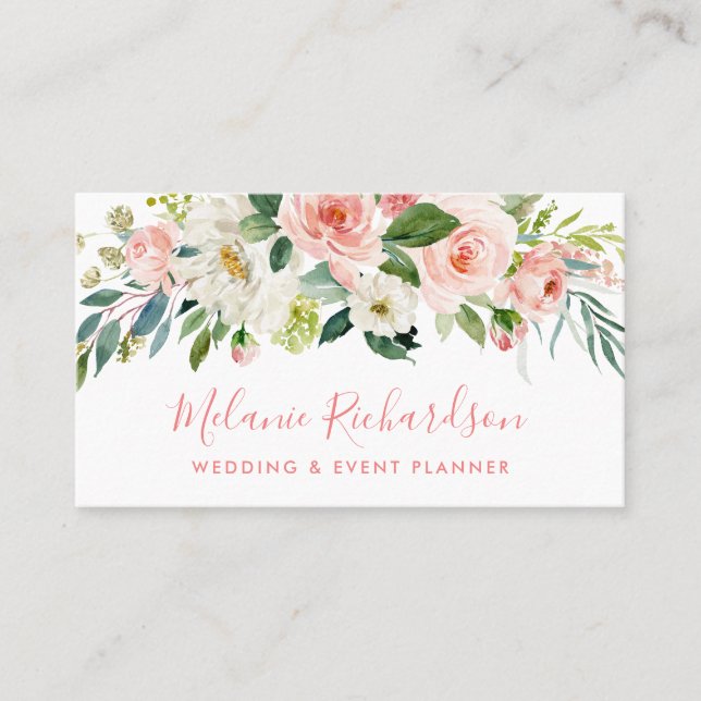 Modern Elegant Pink Blush Greenery Floral Business Card (Front)