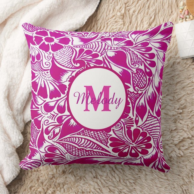 modern elegant pink botanical floral mehndi henna  throw pillow (Blanket)