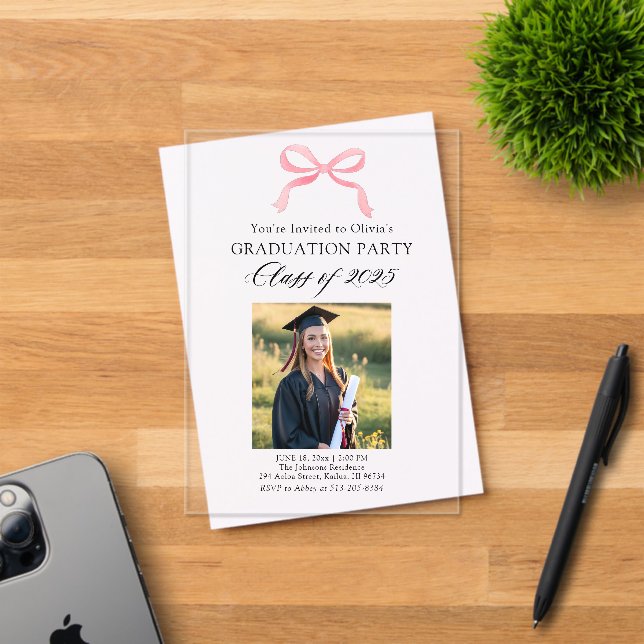 Modern Elegant Pink Bow Graduation Acrylic Invitations (Insitu (Invitation Card))