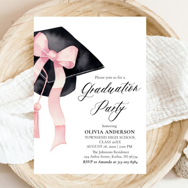 Modern Elegant  Pink Bow Graduation Cap Graduation Invitation (Watercolor Modern Elegant Trendy Stylish Pink Bow Graduation Invitation)