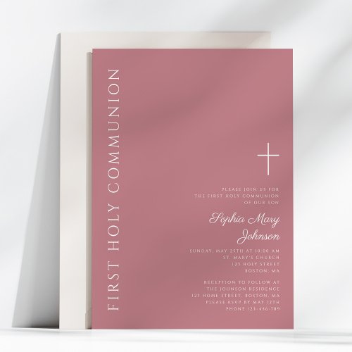 Modern Elegant Pink Cross First Holy Communion Invitation