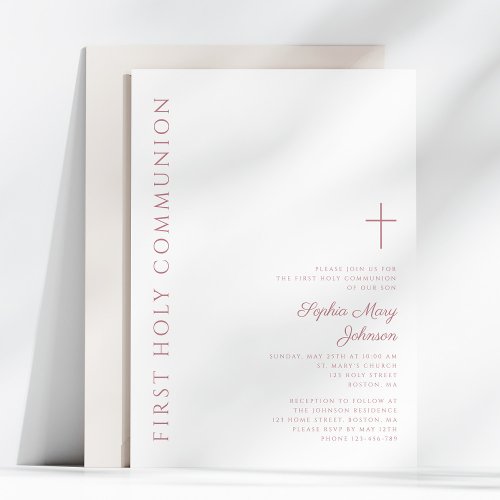 Modern Elegant Pink Cross First Holy Communion Invitation