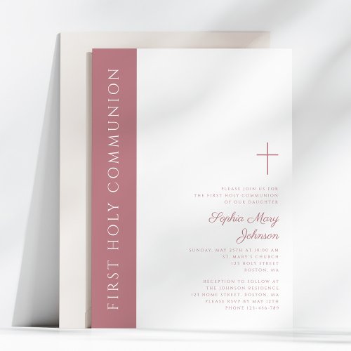 Modern Elegant Pink Cross First Holy Communion Invitation