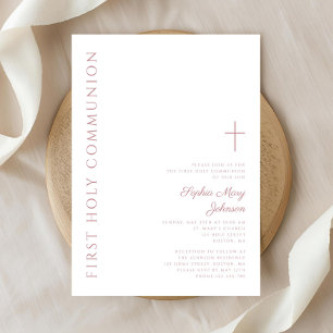 Modern Elegant Pink Cross Girl First Communion Invitation