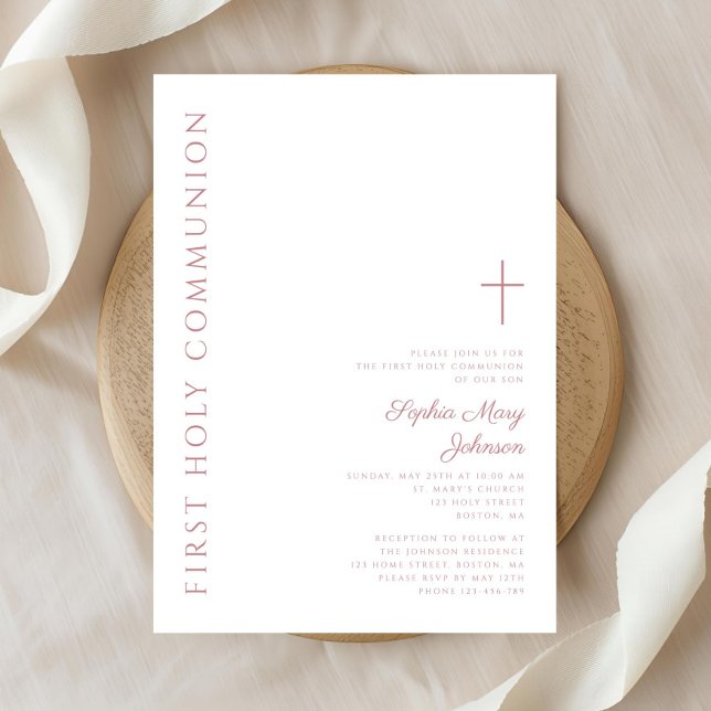 Modern Elegant Pink Cross Girl First Communion Invitation (Modern Elegant Pink Cross Girl First Communion Invitation)